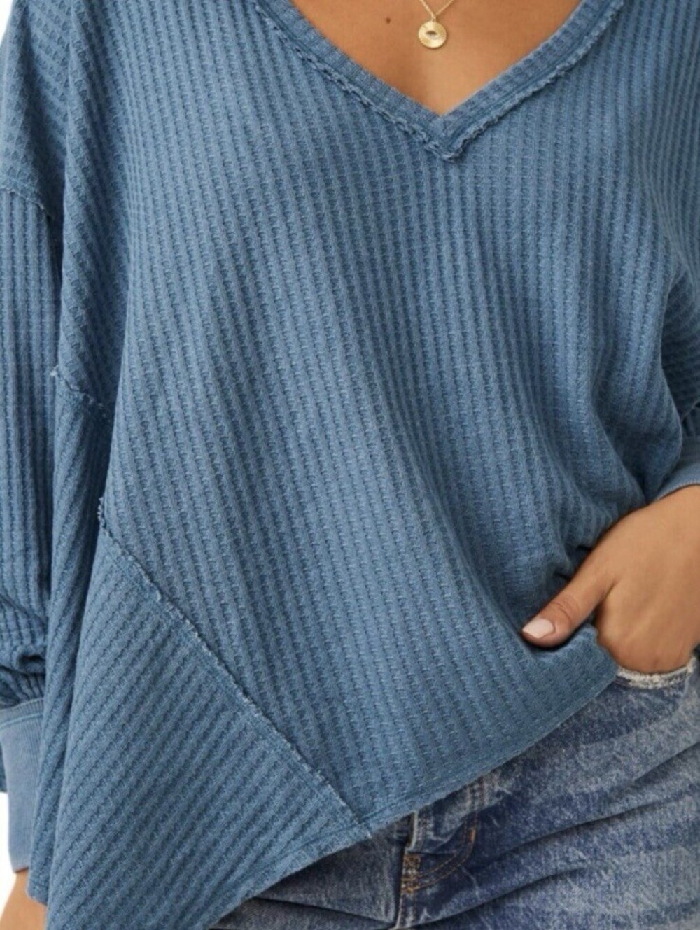 We The Free People Coraline Thermal Classic Waffle Knit Oversized Lg Olive New